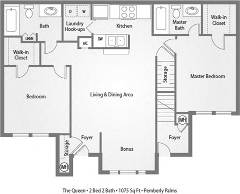 Floor plan for 2 beds, 2 baths, 1075 sqft